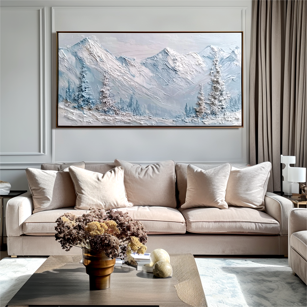 Textured snow-capped mountain painting with white peaks and frosted trees, in soft light blue and gray tones.