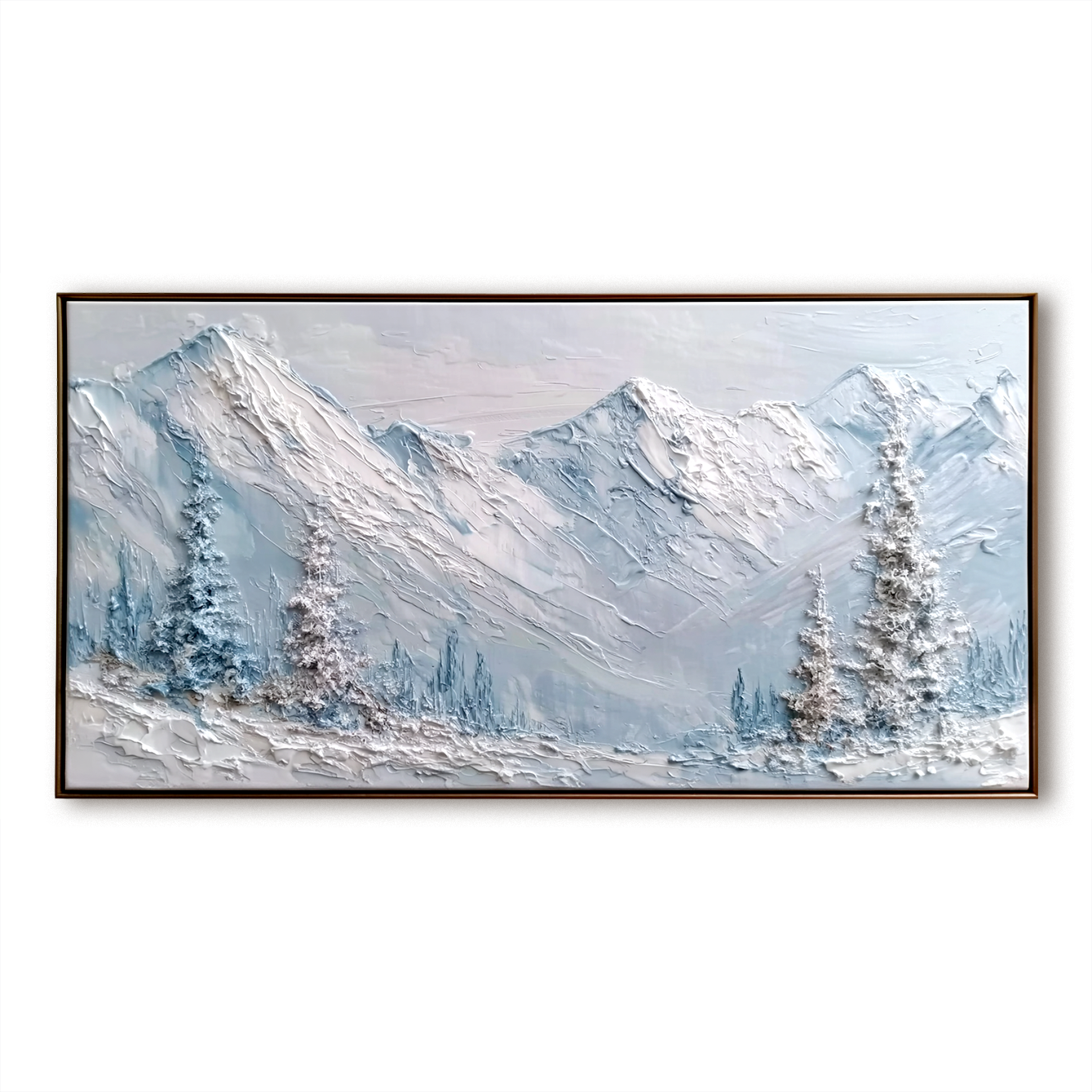 Textured snow-capped mountain painting with white peaks and frosted trees, in soft light blue and gray tones.