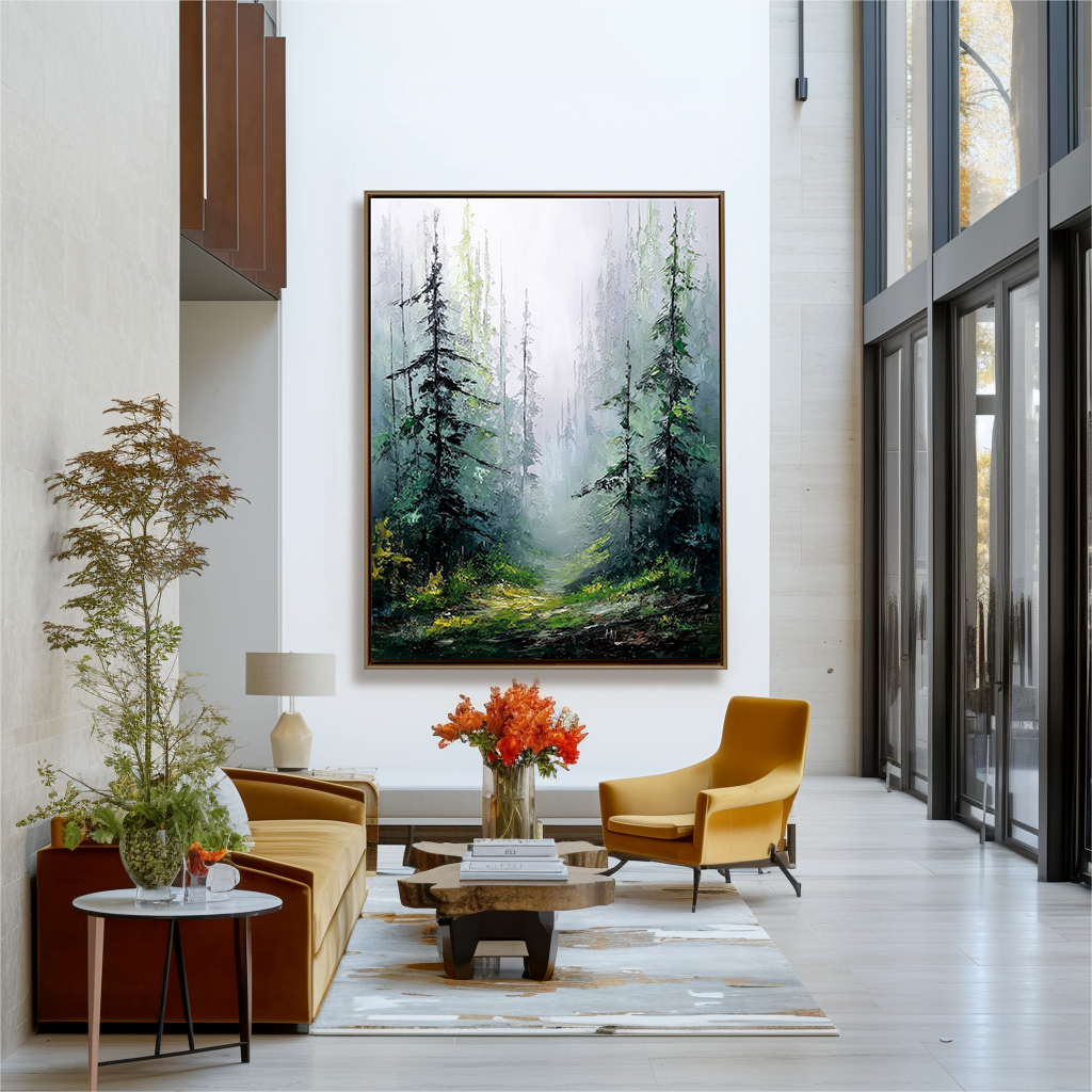 Textured painting of a misty forest path surrounded by tall trees in shades of green, yellow, and brown.