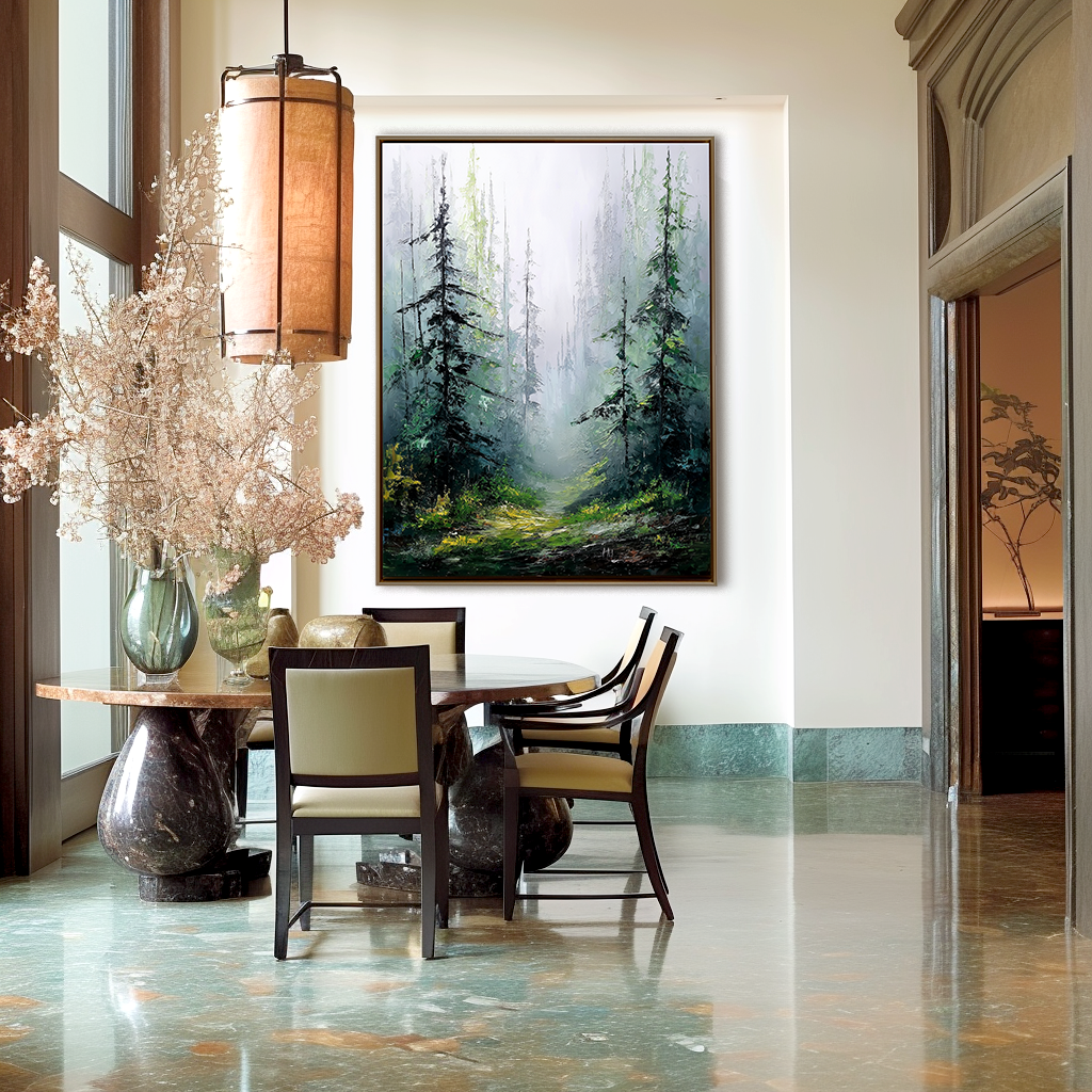 Textured painting of a misty forest path surrounded by tall trees in shades of green, yellow, and brown.