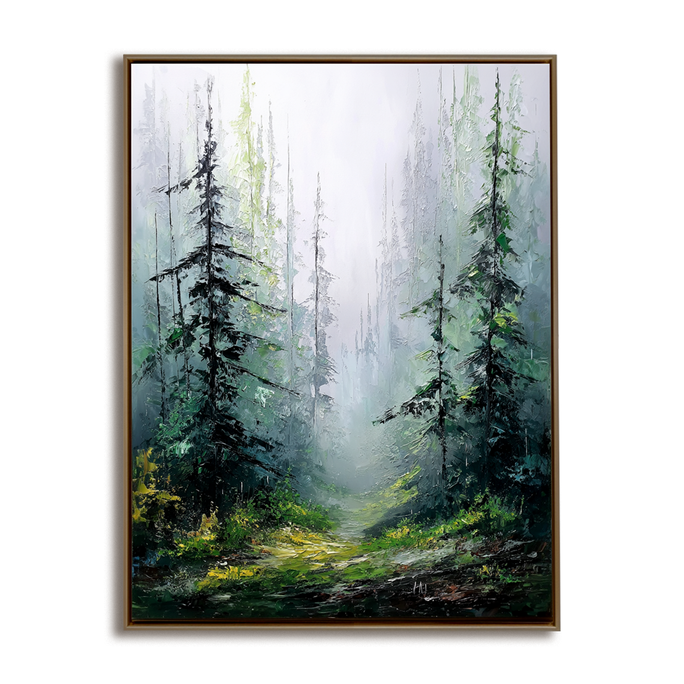 Textured painting of a misty forest path surrounded by tall trees in shades of green, yellow, and brown.