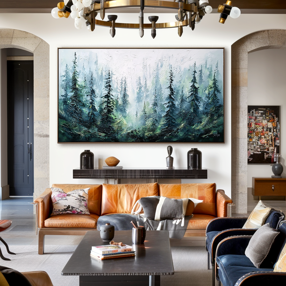 Textured painting of misty pine trees in soft green, blue, and gray tones.