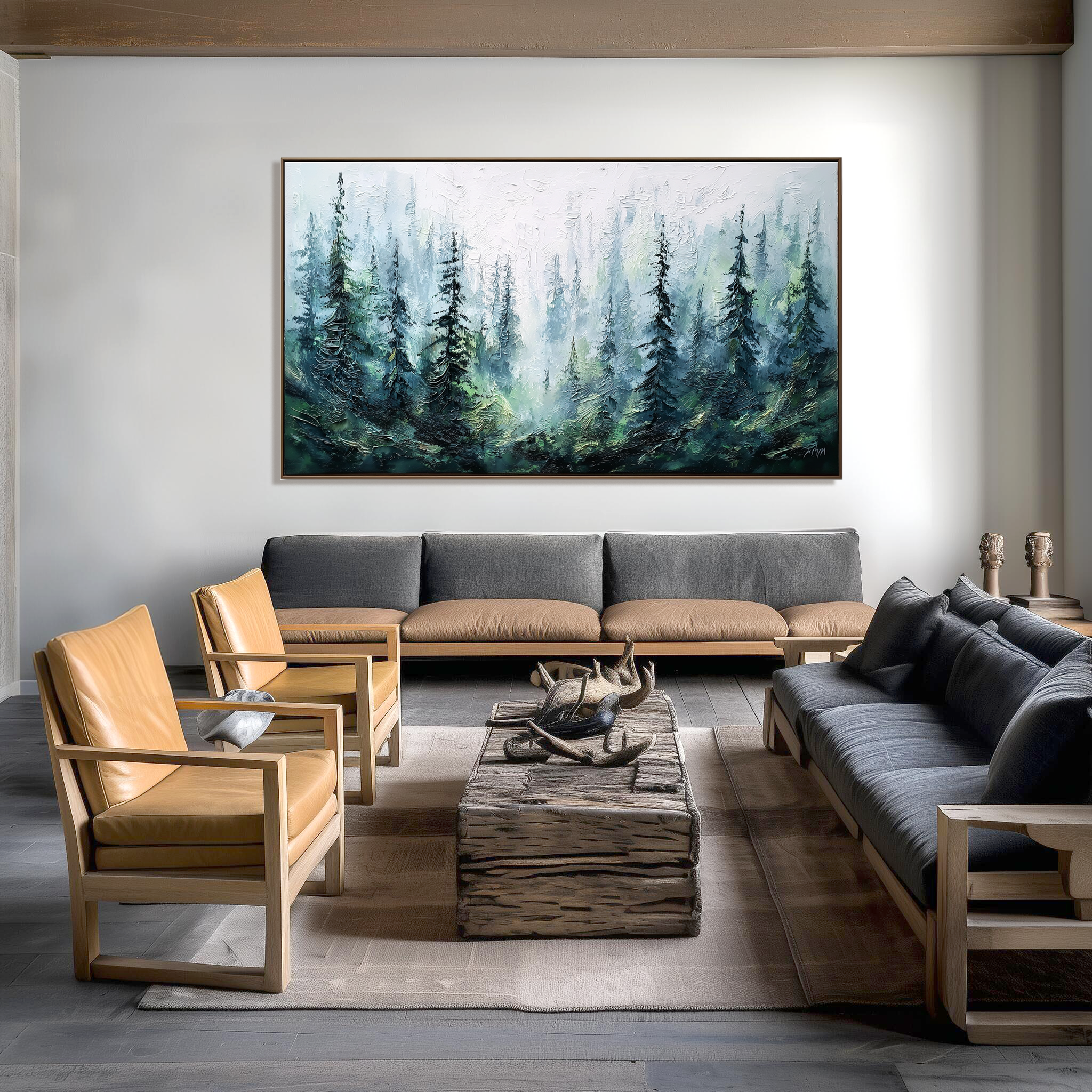 Textured painting of misty pine trees in soft green, blue, and gray tones.