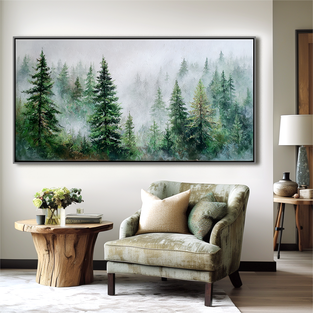 Mist in the Pines – Textured Forest Landscape in Soft Greens and Grays