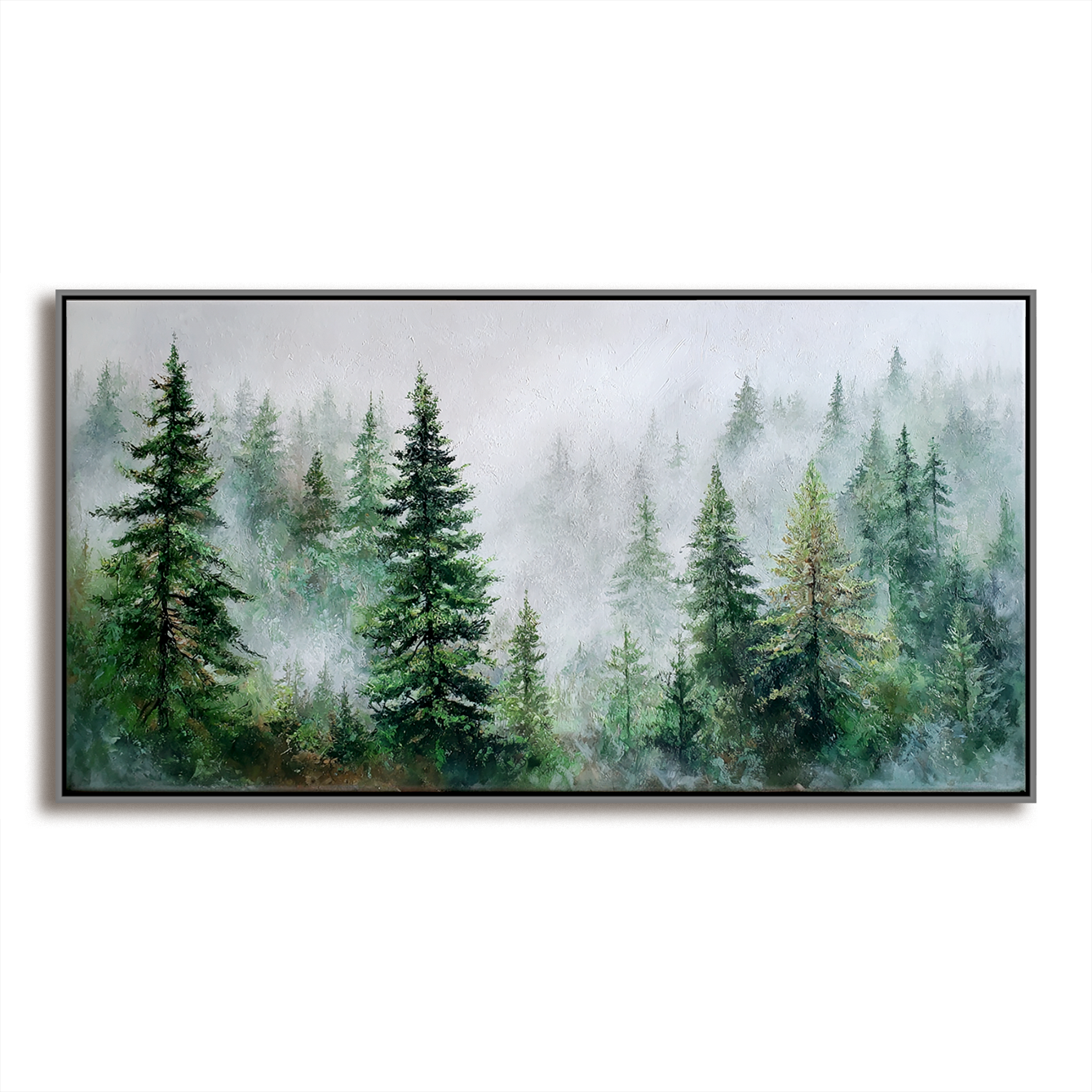 Textured misty forest scene with tall pine trees and soft gray and green tones.