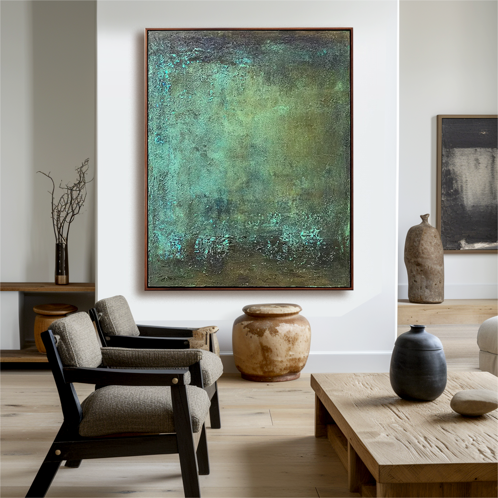 Abstract textured painting in earthy green tones, perfect for minimalist wall decor.