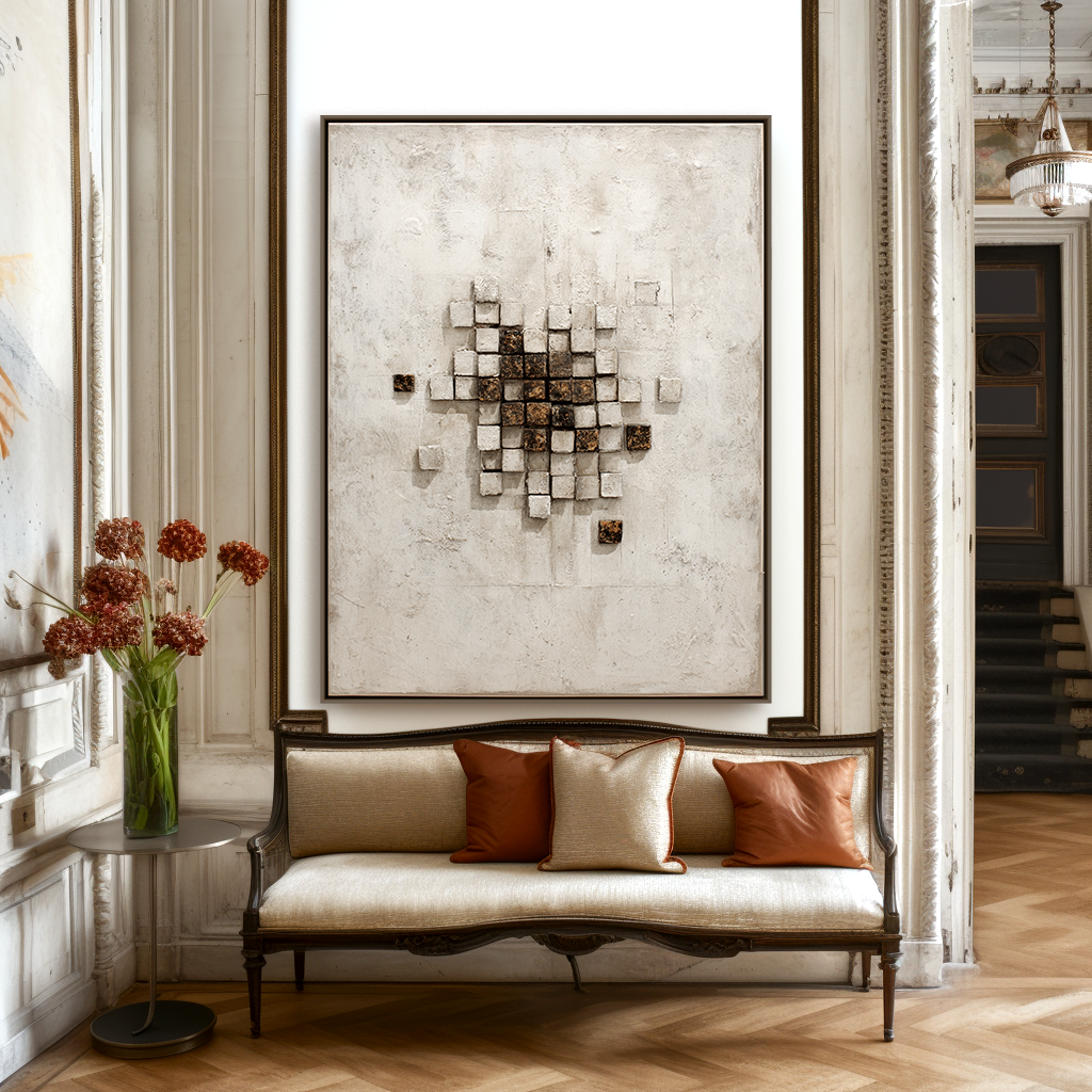 Textured cubes in an abstract geometric arrangement on a white background.