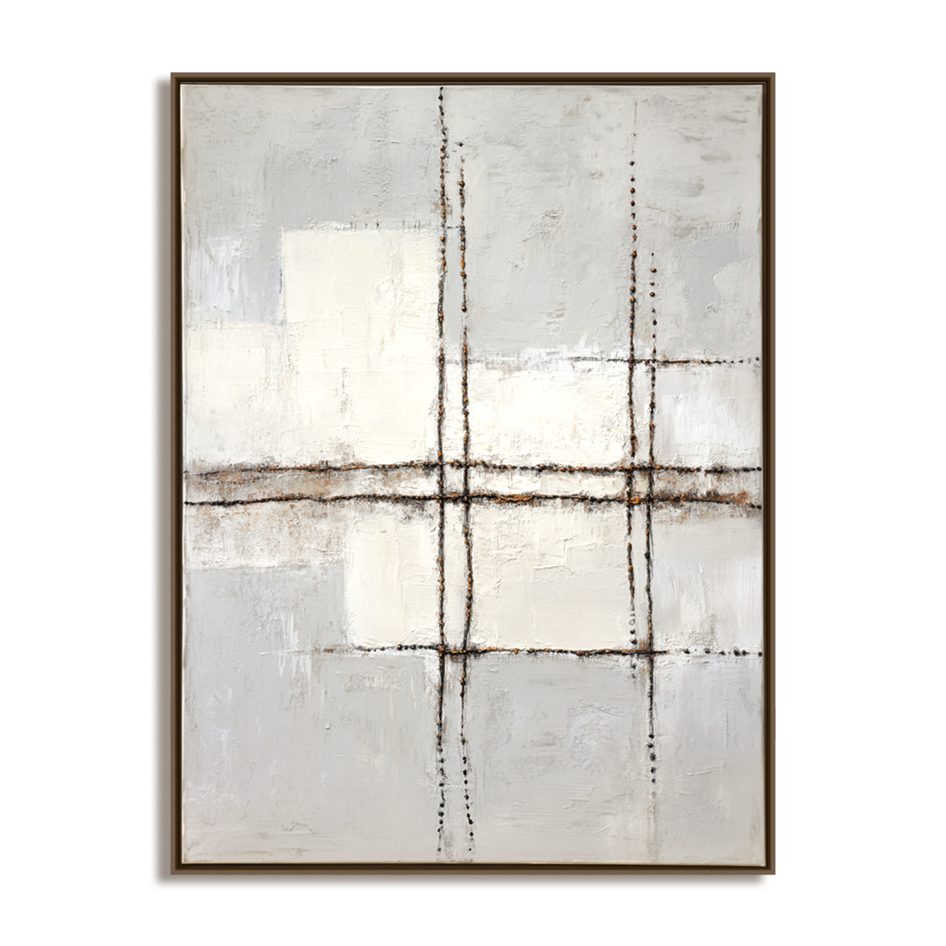Minimalist abstract painting with geometric lines and soft neutral tones.