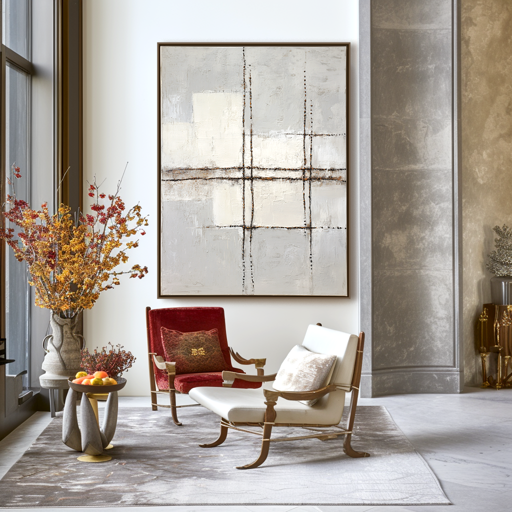 Minimalist abstract painting with geometric lines and soft neutral tones.