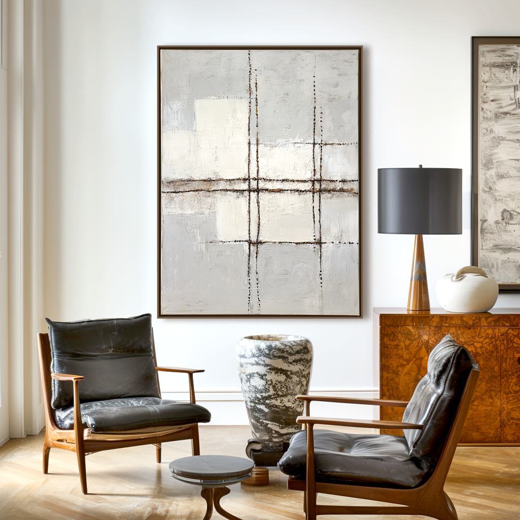 Minimalist abstract painting with geometric lines and soft neutral tones.