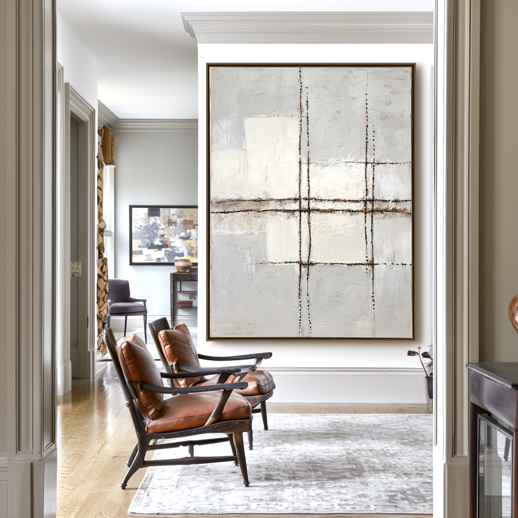 Minimalist abstract painting with geometric lines and soft neutral tones.