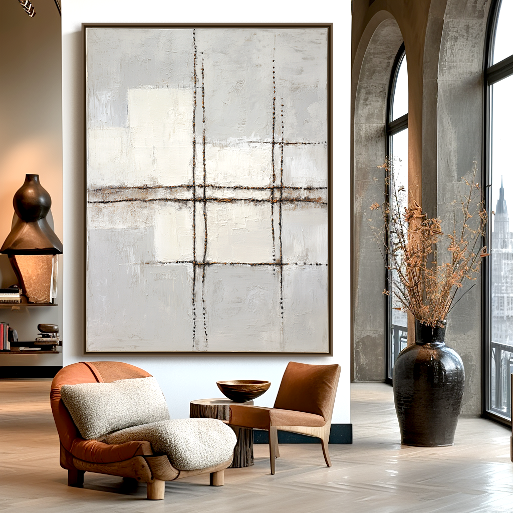 Minimalist abstract painting with geometric lines and soft neutral tones.