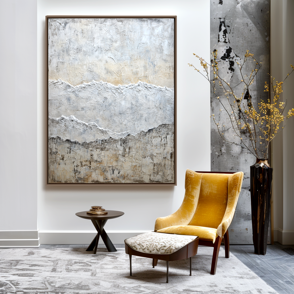 Abstract textured landscape painting with soft earthy tones and white peaks.