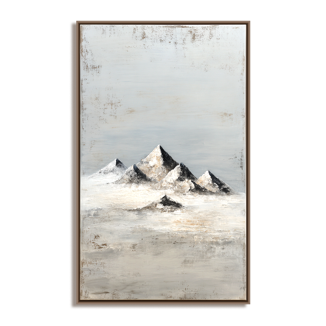 Abstract textured painting of snowy mountain peaks with misty backdrop.
