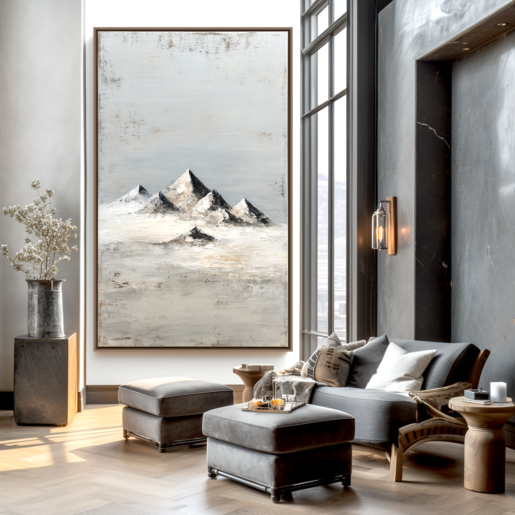 Abstract textured painting of snowy mountain peaks with misty backdrop.