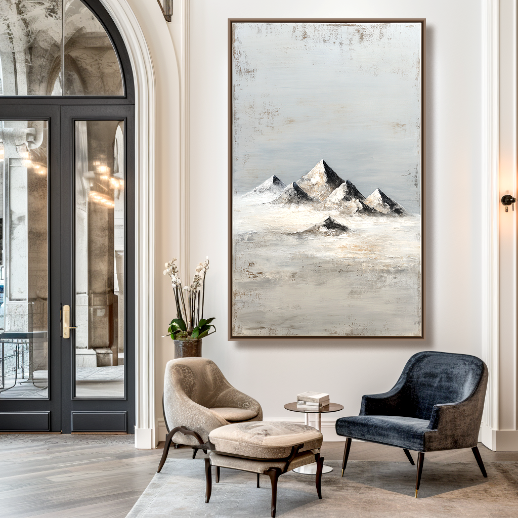 Abstract textured painting of snowy mountain peaks with misty backdrop.