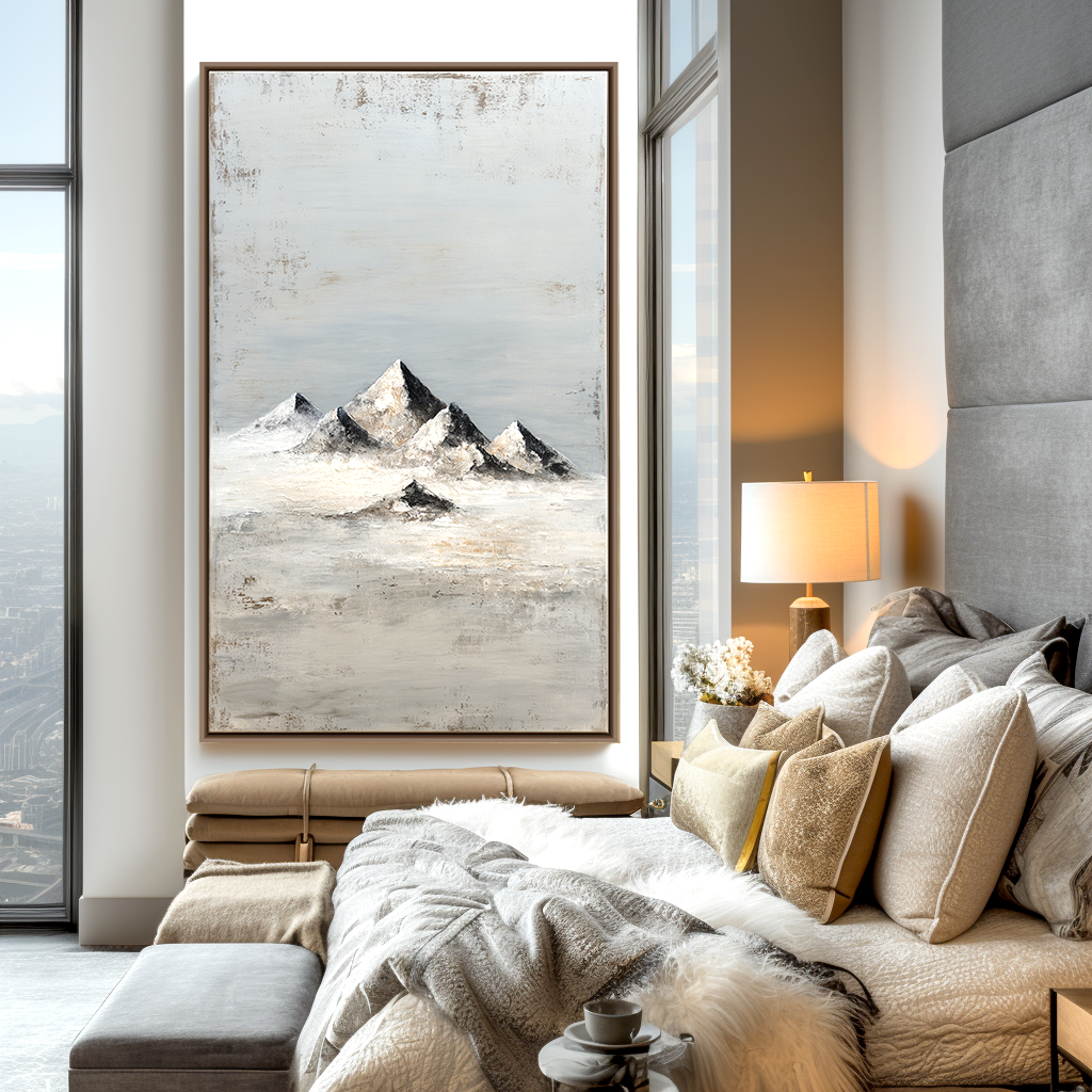 Abstract textured painting of snowy mountain peaks with misty backdrop.