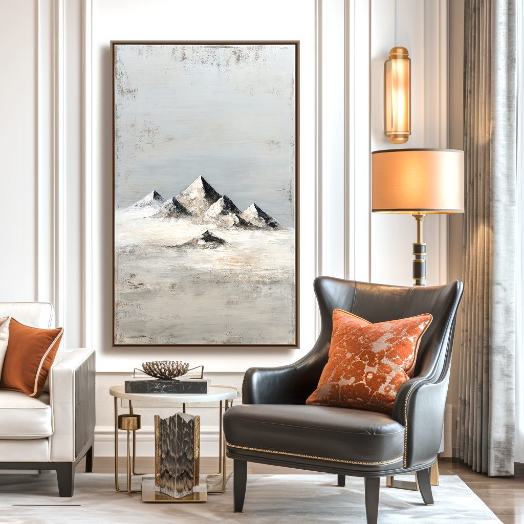 Abstract textured painting of snowy mountain peaks with misty backdrop.