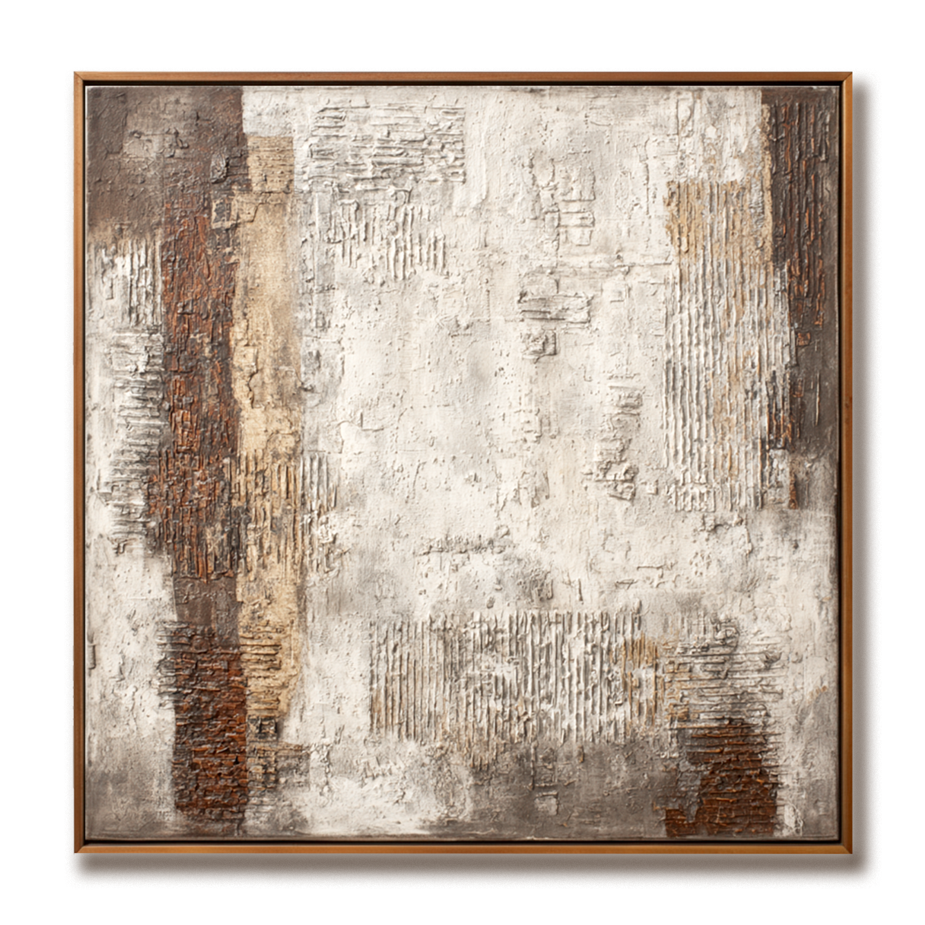 Textured abstract painting with earthy tones and geometric patterns.