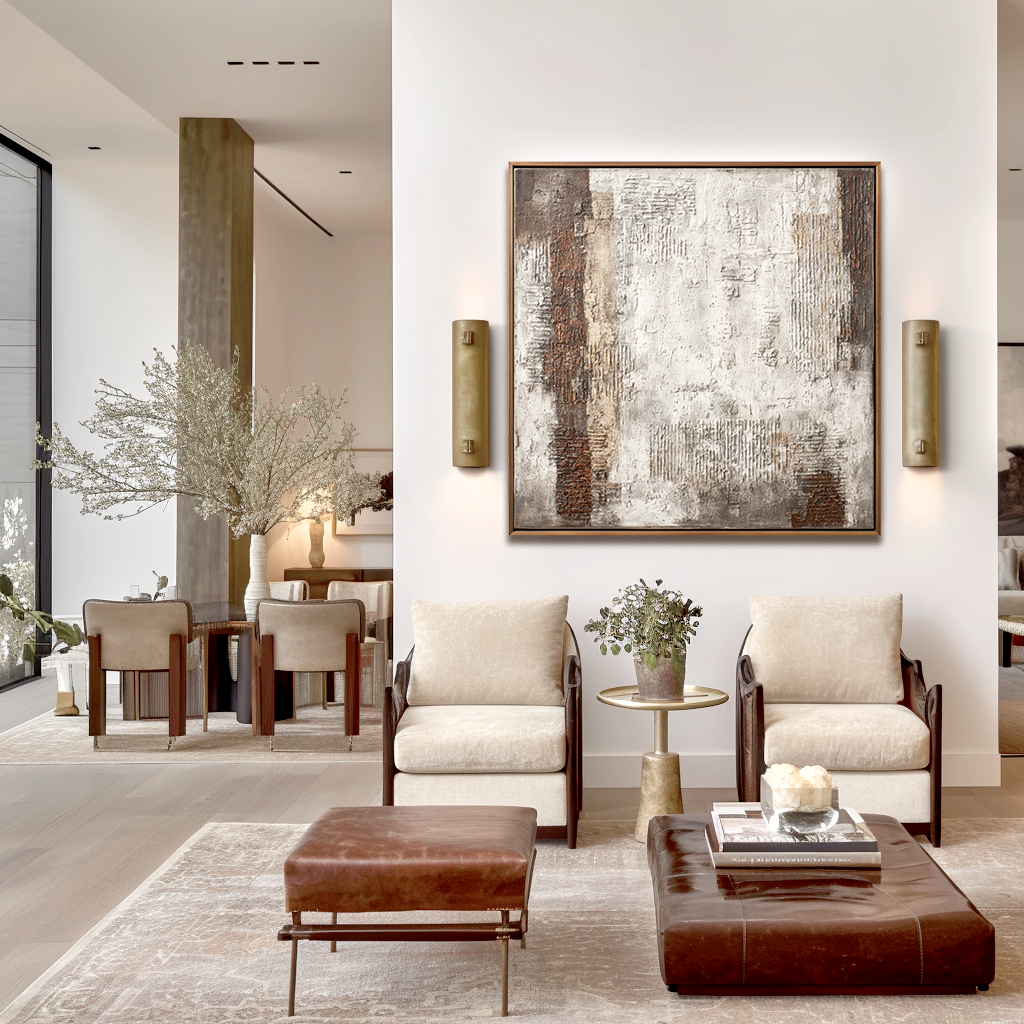 Textured abstract painting with earthy tones and geometric patterns.