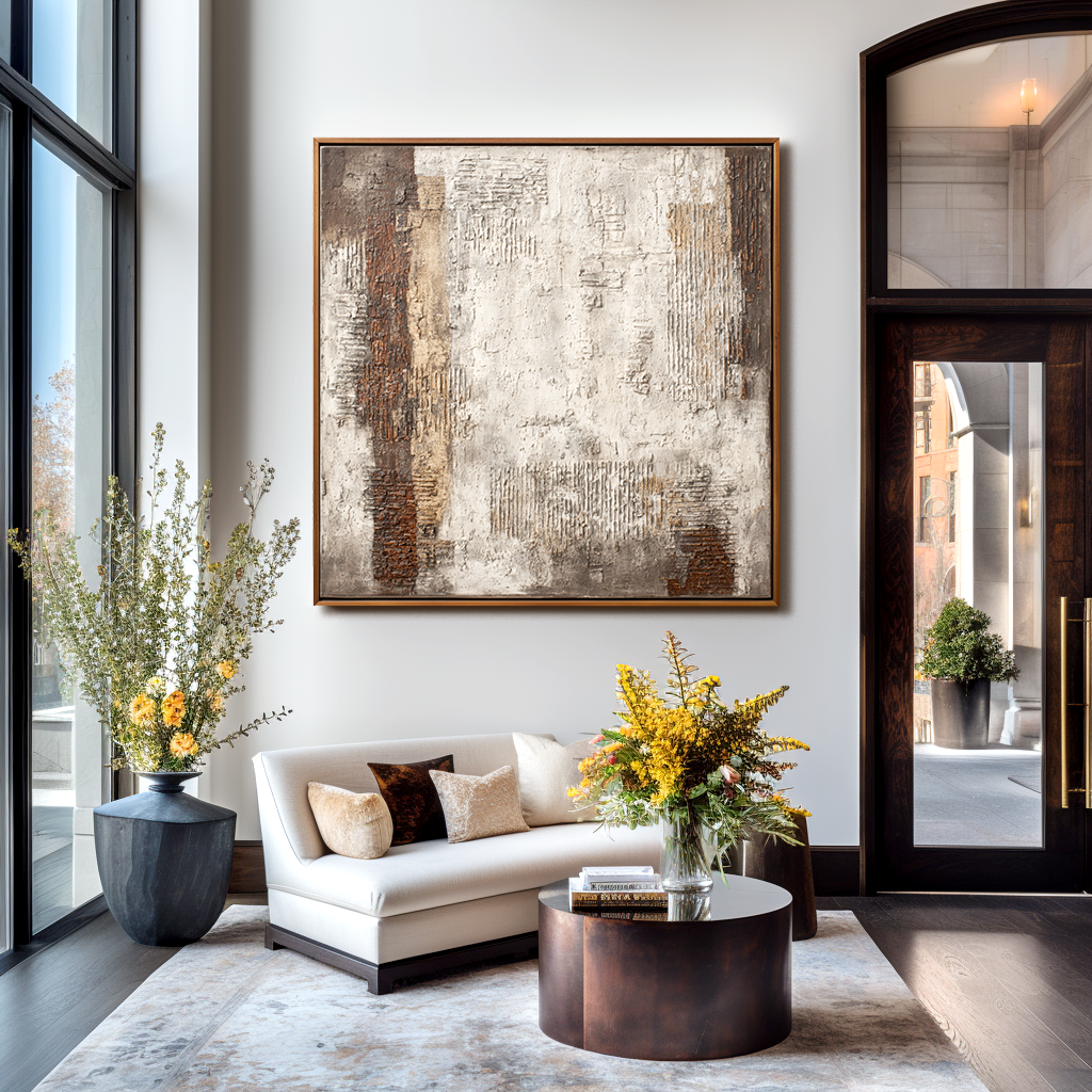 Textured abstract painting with earthy tones and geometric patterns.