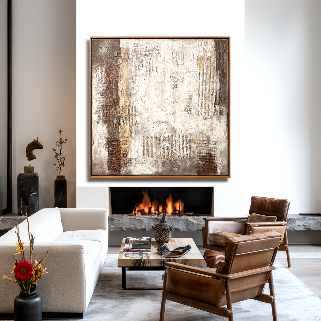 Textured abstract painting with earthy tones and geometric patterns.