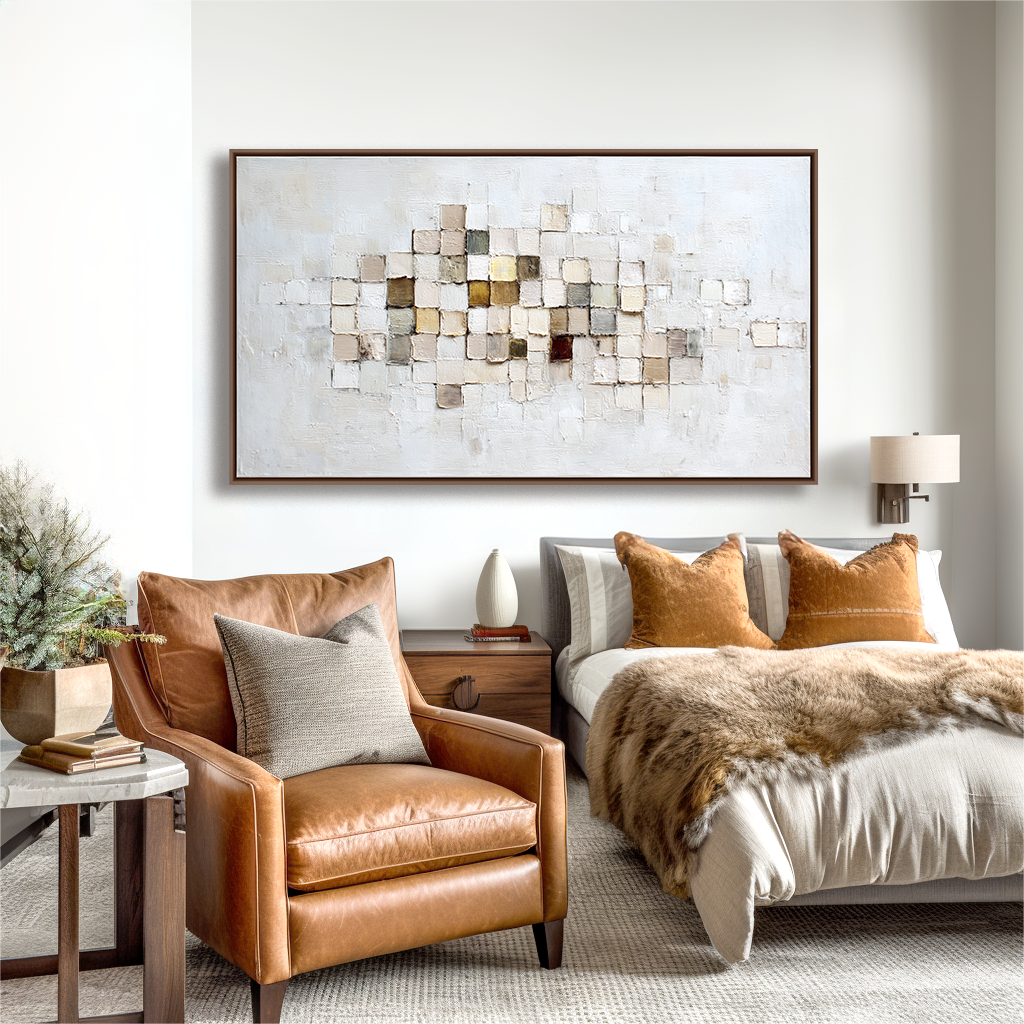 Abstract painting with a grid of textured squares in neutral and earthy tones.