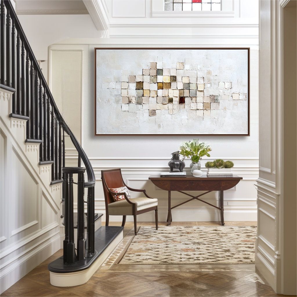 Abstract painting with a grid of textured squares in neutral and earthy tones.