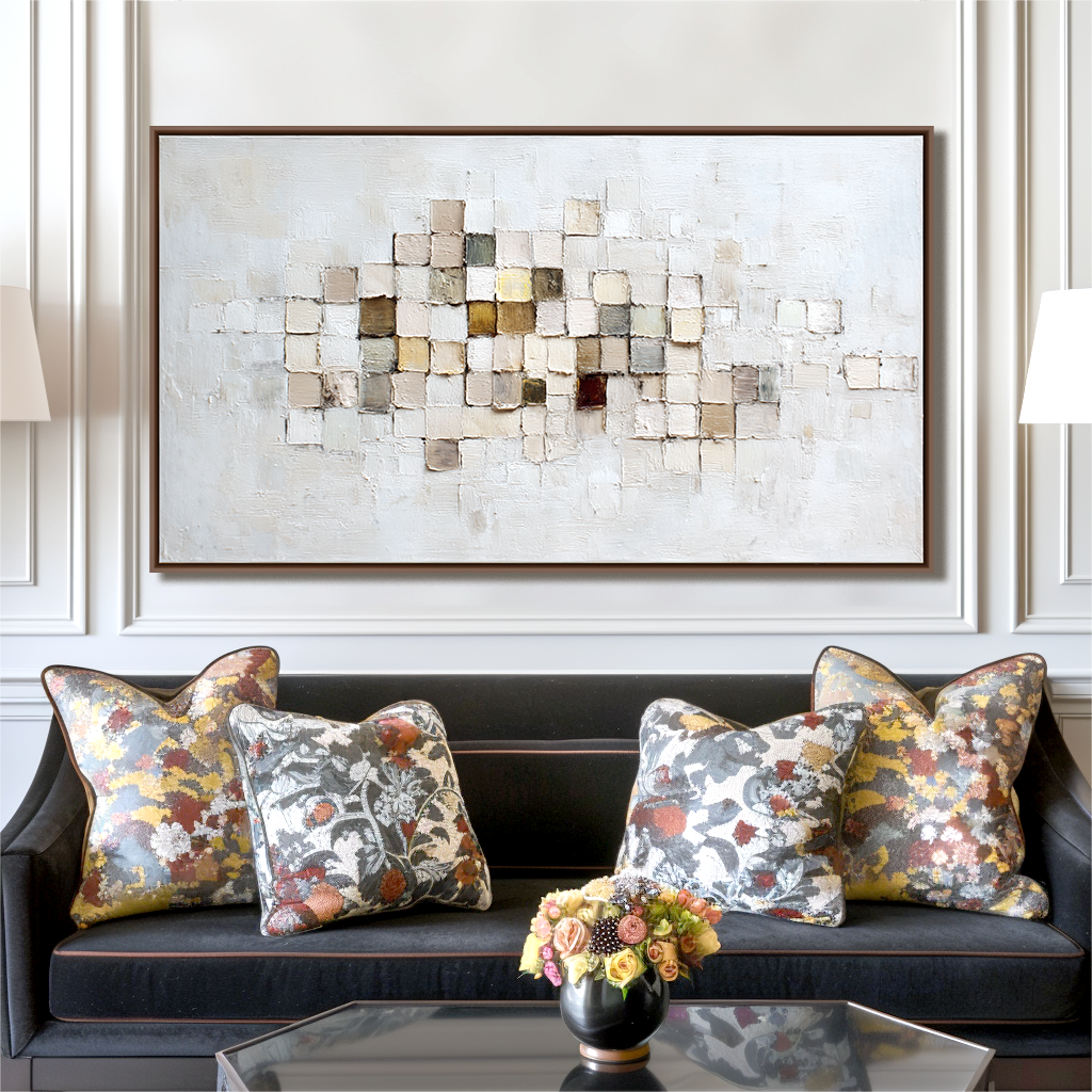 Abstract painting with a grid of textured squares in neutral and earthy tones.