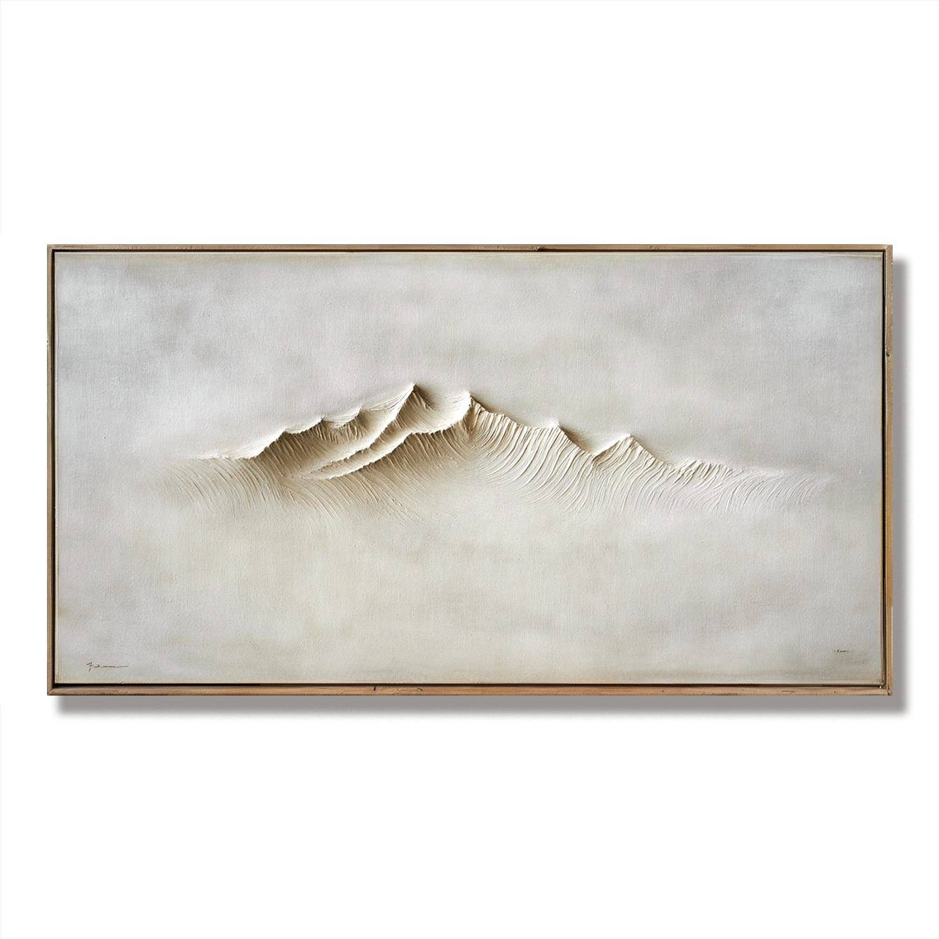 Abstract minimalist mountain landscape with textured peaks in neutral tones.