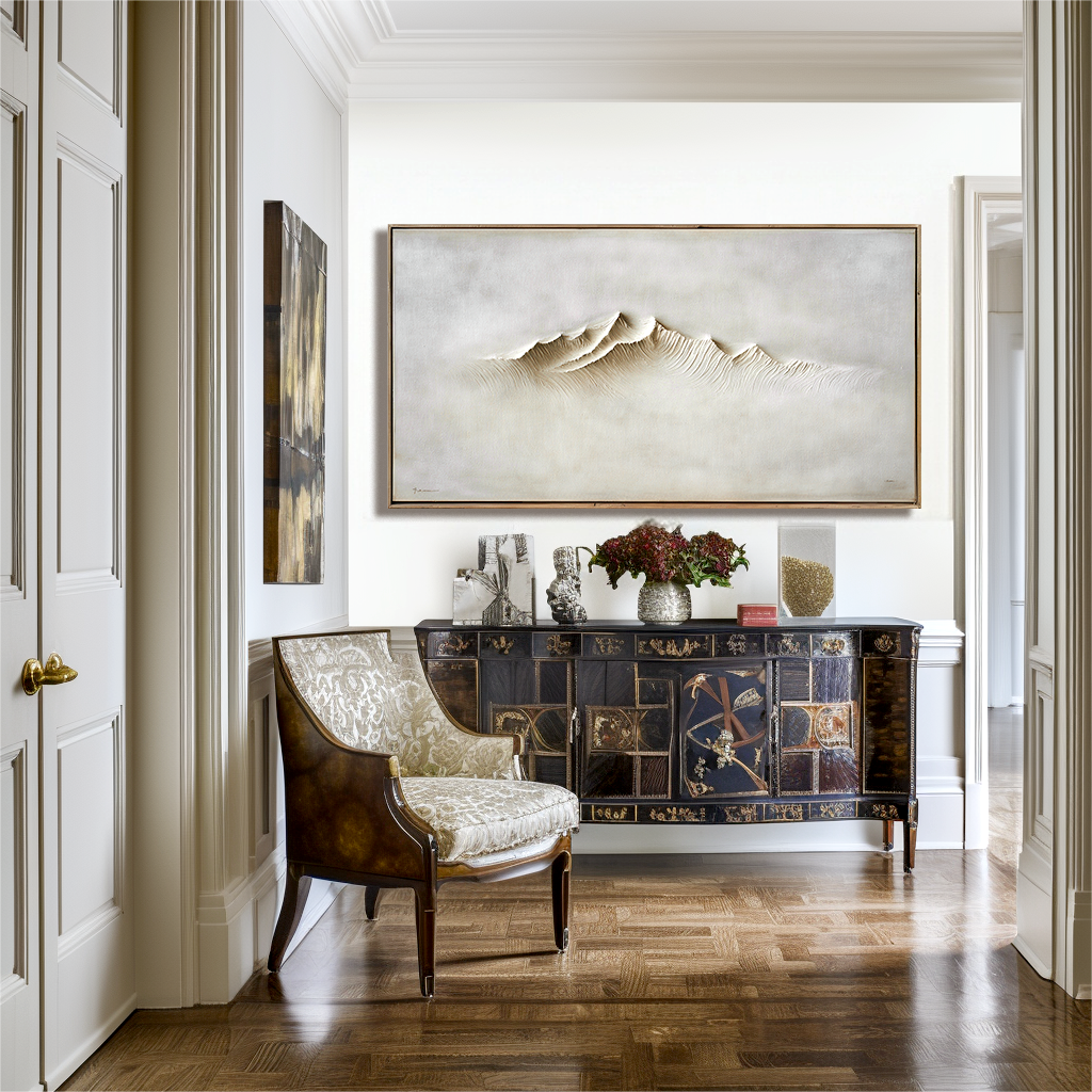 Abstract minimalist mountain landscape with textured peaks in neutral tones.