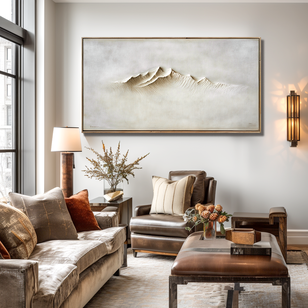 Abstract minimalist mountain landscape with textured peaks in neutral tones.