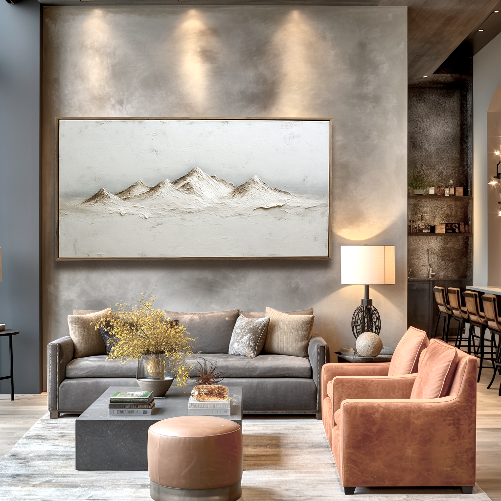 Abstract textured mountain range in soft neutral tones, minimalist landscape art.