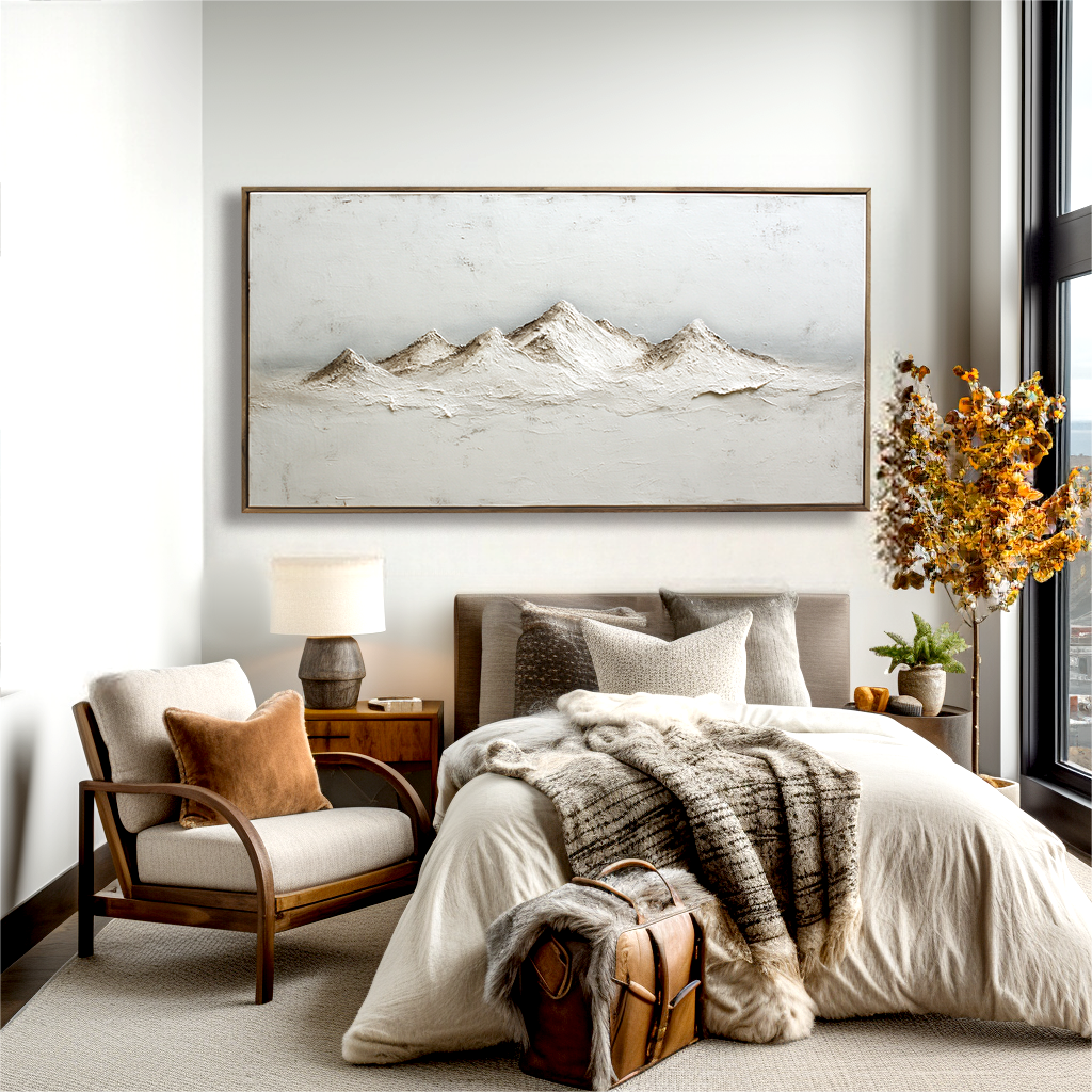 Abstract textured mountain range in soft neutral tones, minimalist landscape art.
