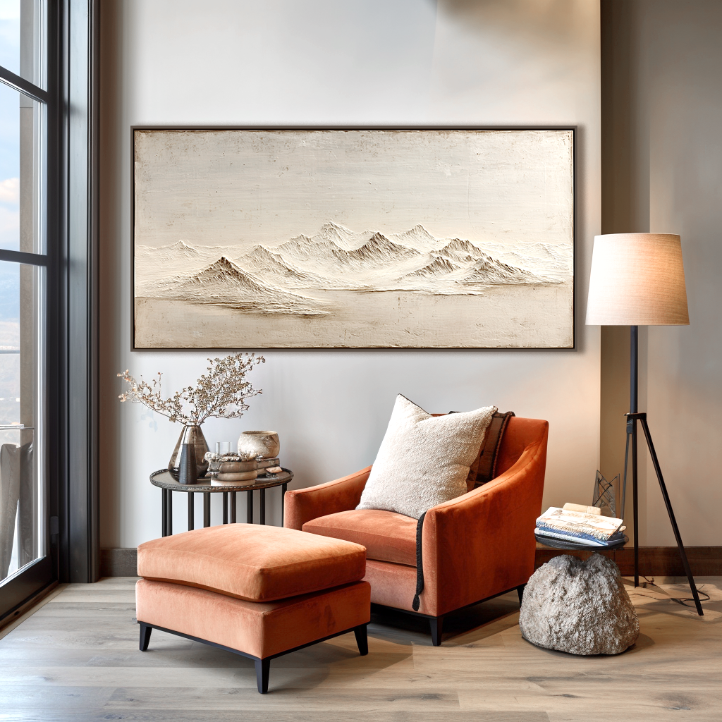 Textured minimalist mountain peaks with a soft gradient background in neutral tones.