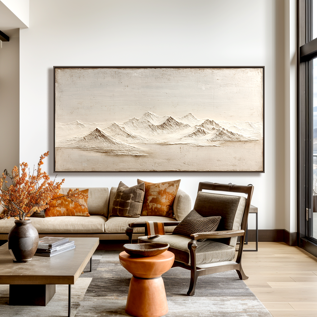 Textured minimalist mountain peaks with a soft gradient background in neutral tones.