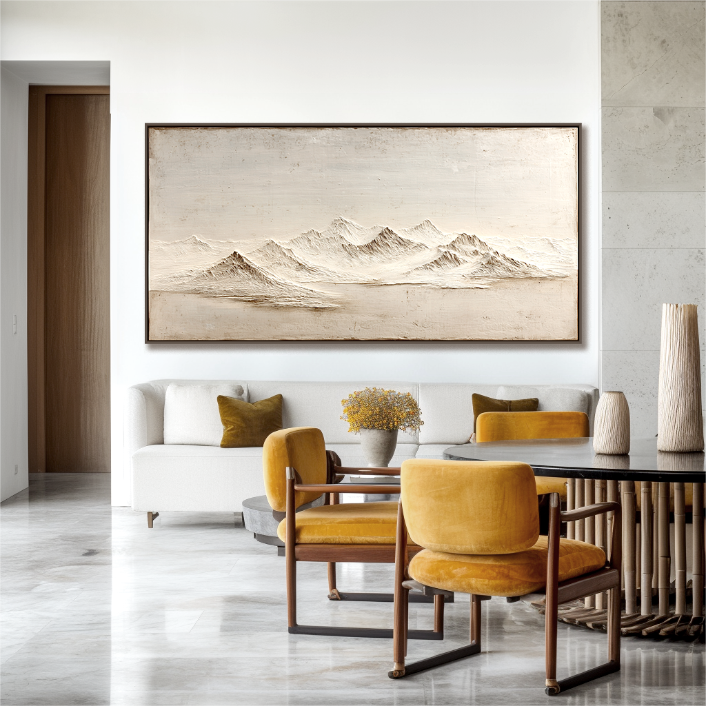 Textured minimalist mountain peaks with a soft gradient background in neutral tones.