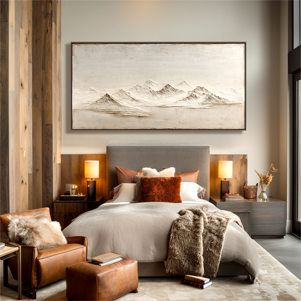 Textured minimalist mountain peaks with a soft gradient background in neutral tones.