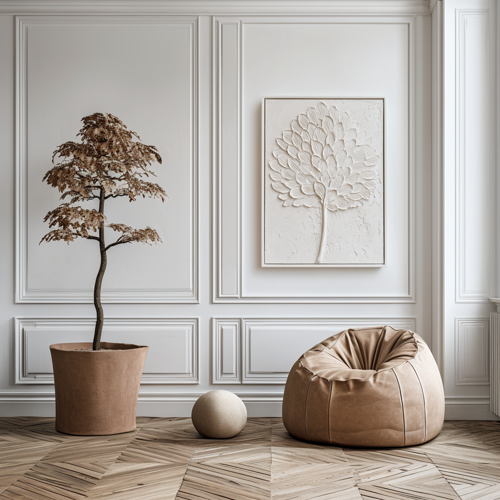 Textured white leaf art with sculpted details on a minimalist background.