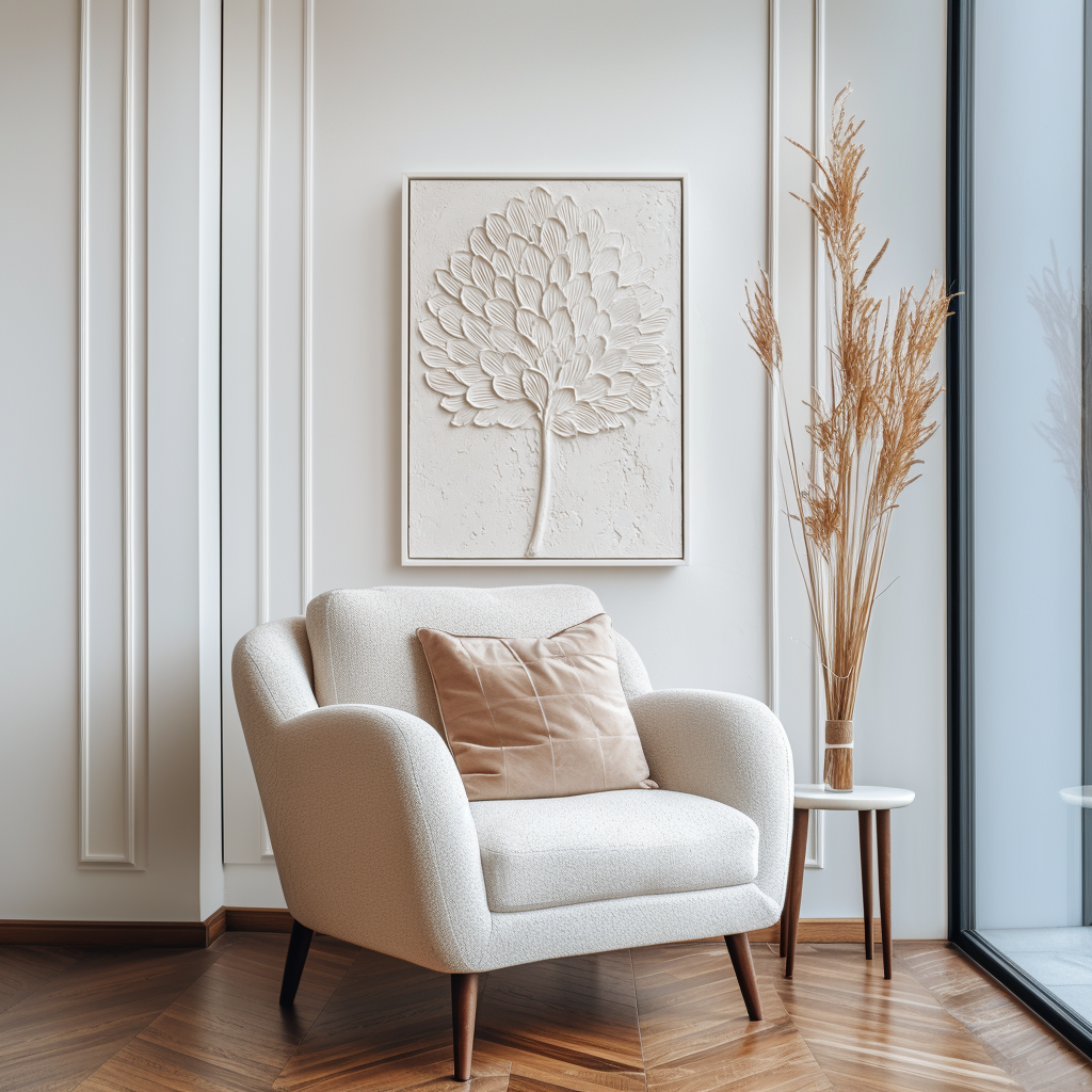 Textured white leaf art with sculpted details on a minimalist background.