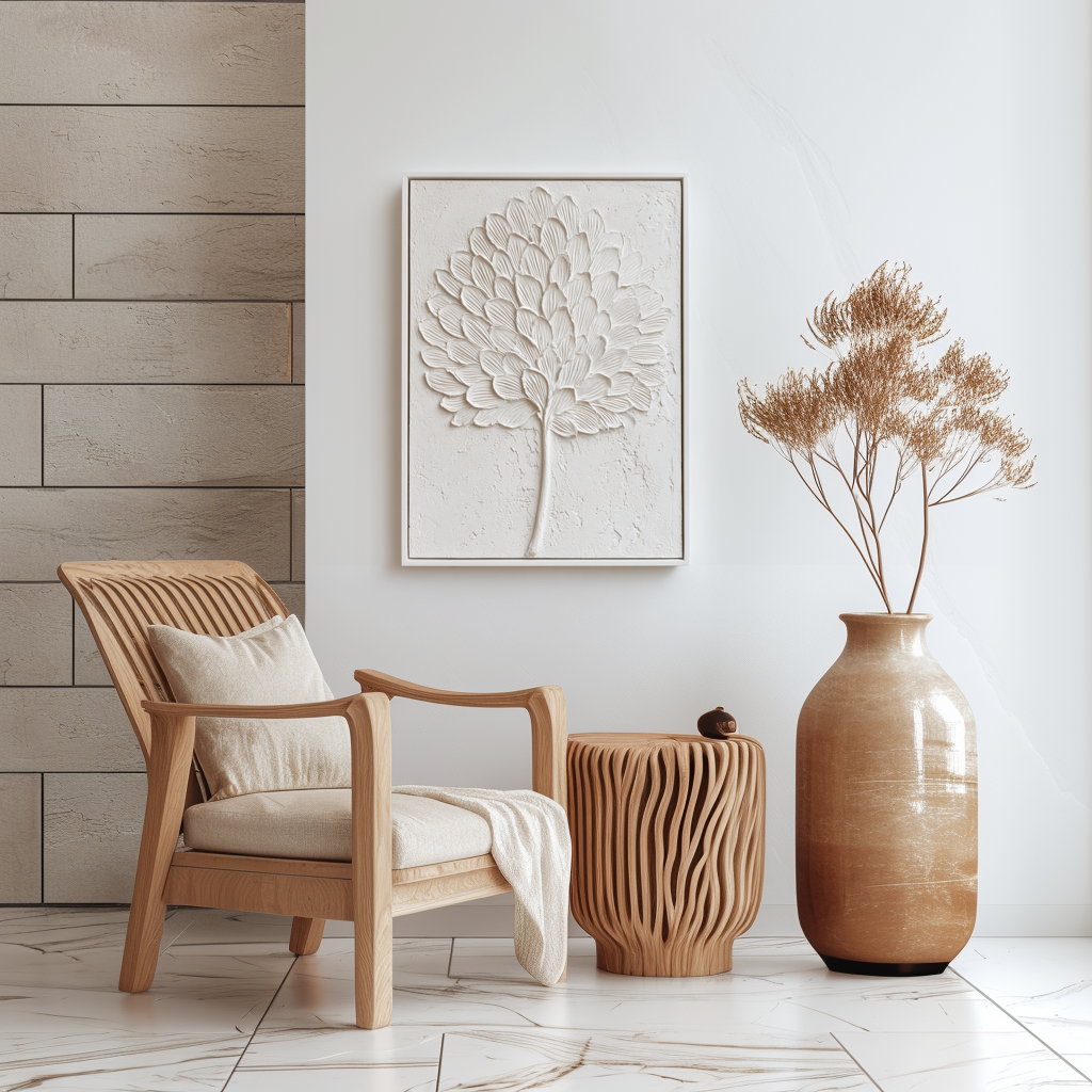 Textured white leaf art with sculpted details on a minimalist background.