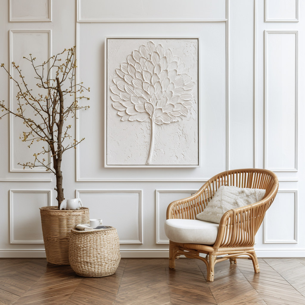 Textured white leaf art with sculpted details on a minimalist background.