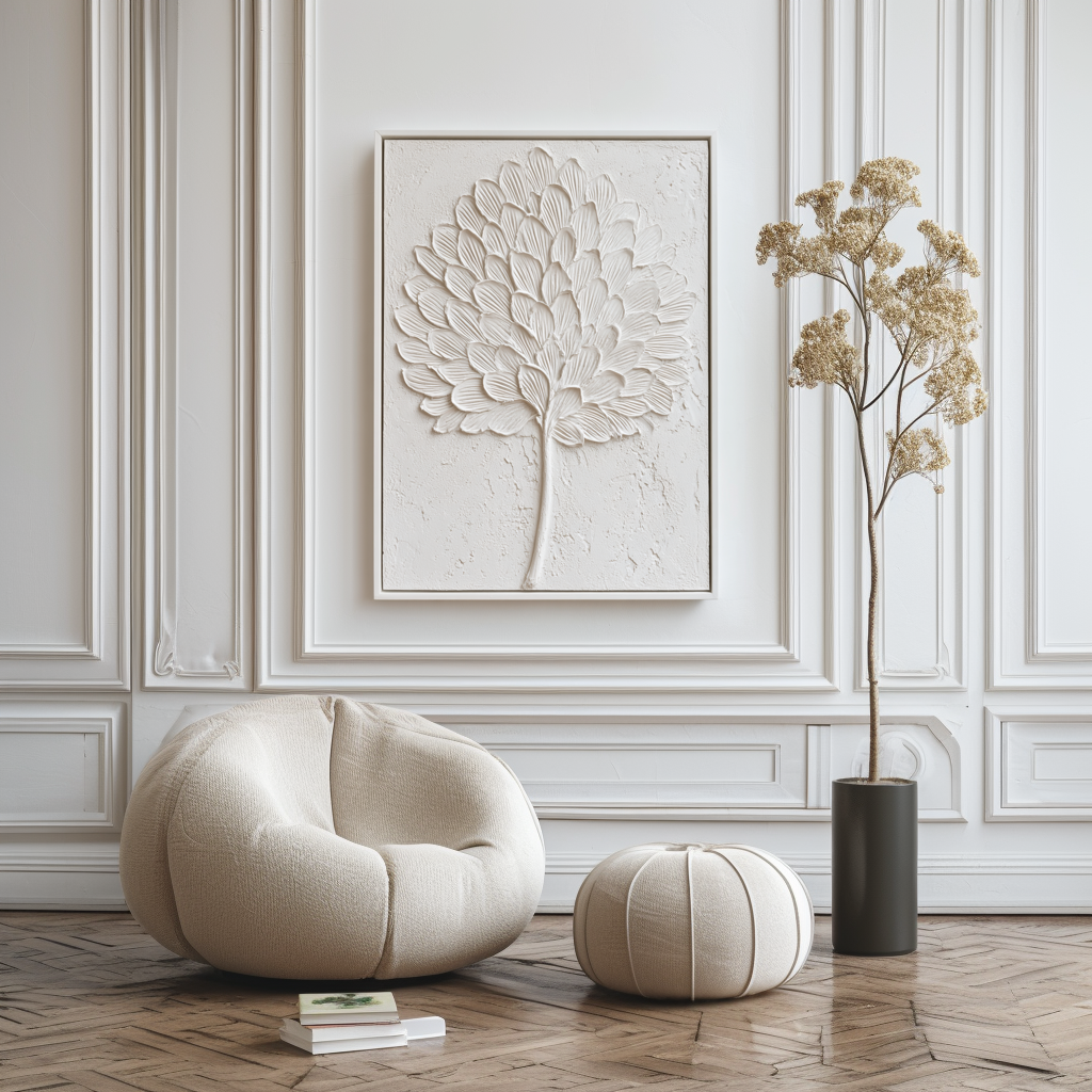 Textured white leaf art with sculpted details on a minimalist background.
