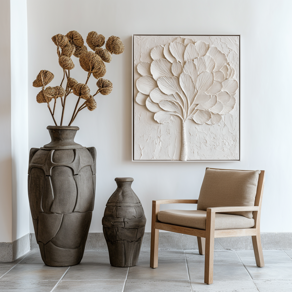 Abstract textured white tree art with sculpted leaves and branches in a minimalist design.