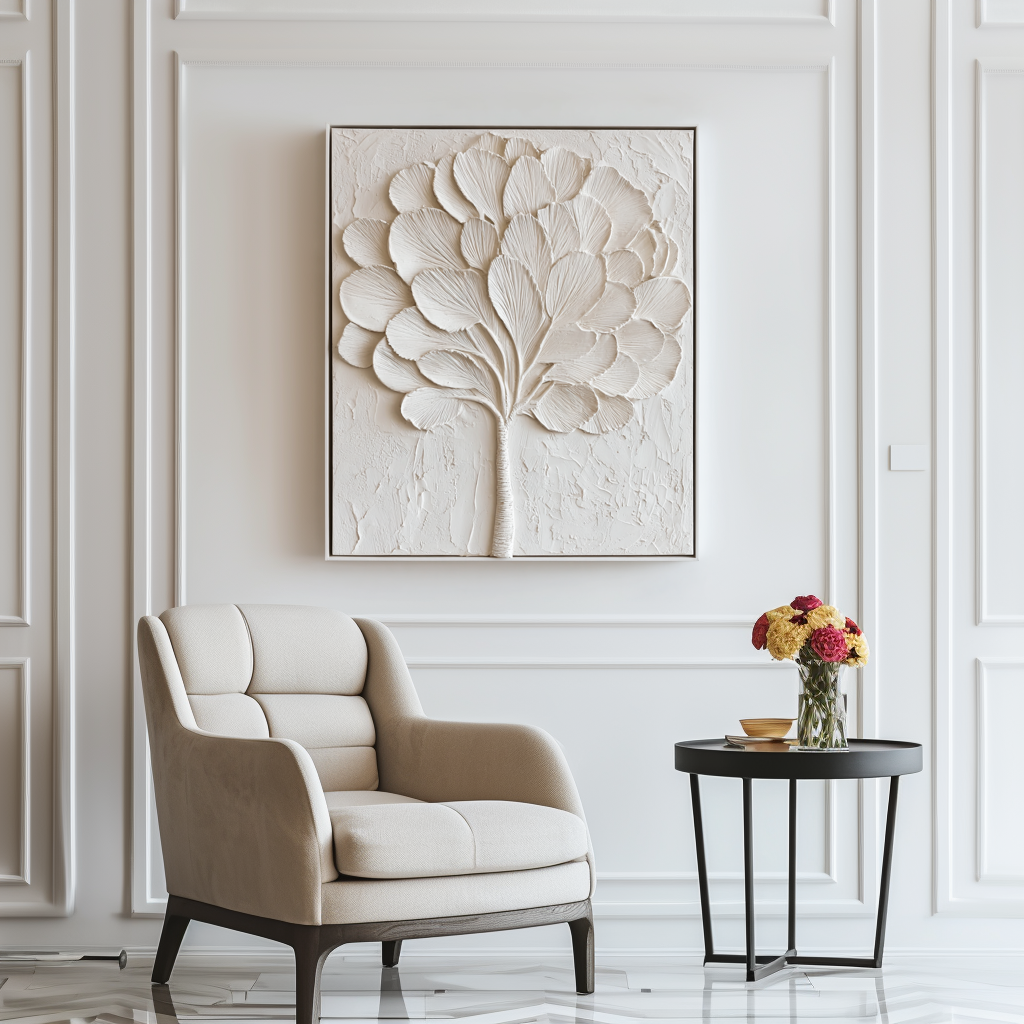 Abstract textured white tree art with sculpted leaves and branches in a minimalist design.