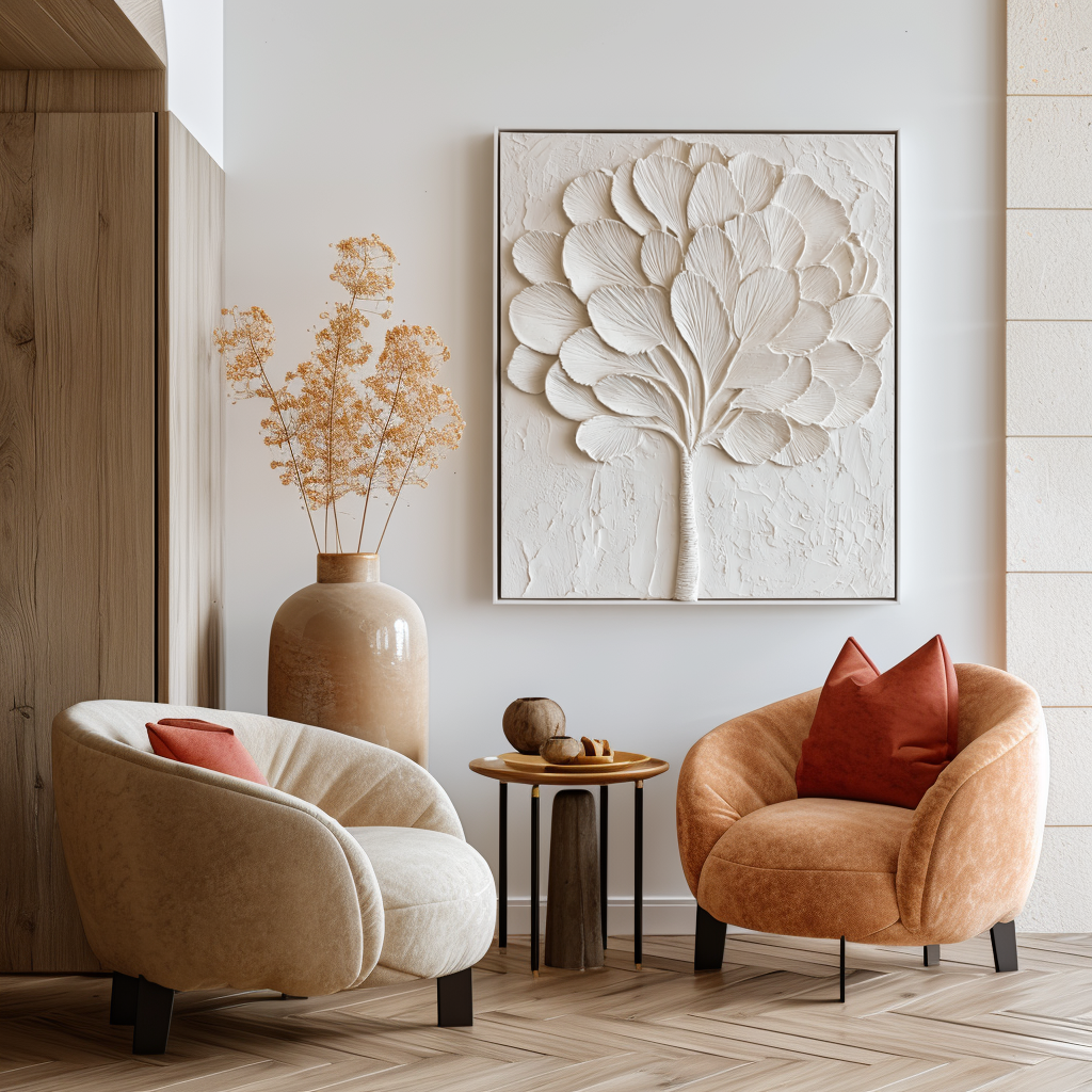 Abstract textured white tree art with sculpted leaves and branches in a minimalist design.