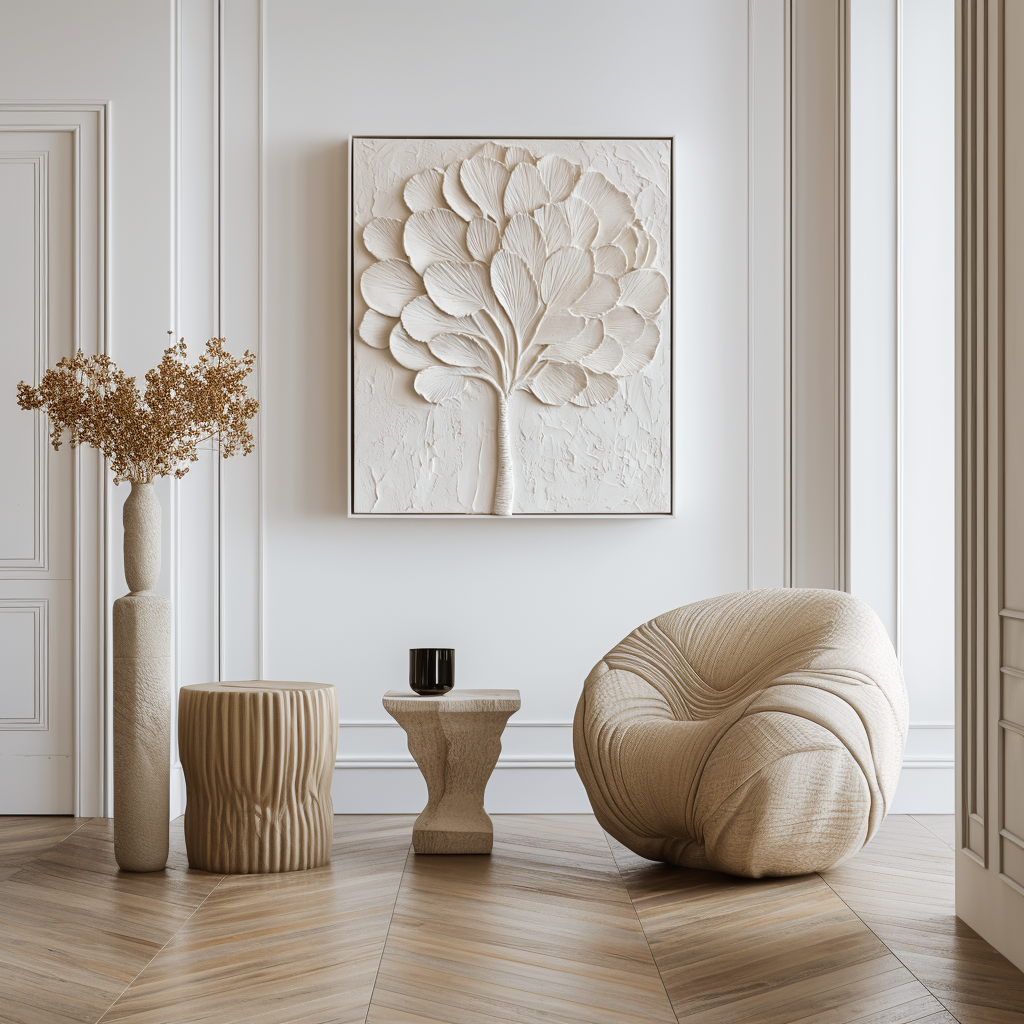 Abstract textured white tree art with sculpted leaves and branches in a minimalist design.