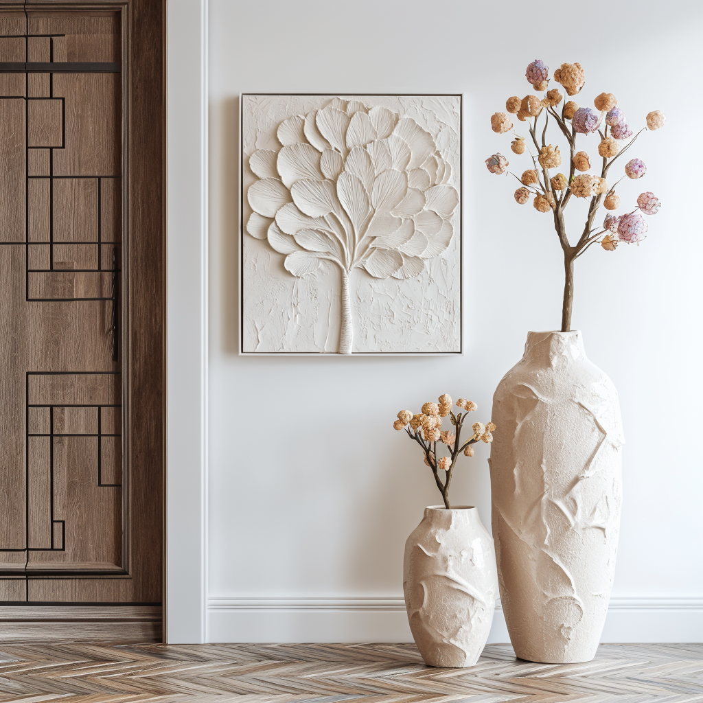 Abstract textured white tree art with sculpted leaves and branches in a minimalist design.