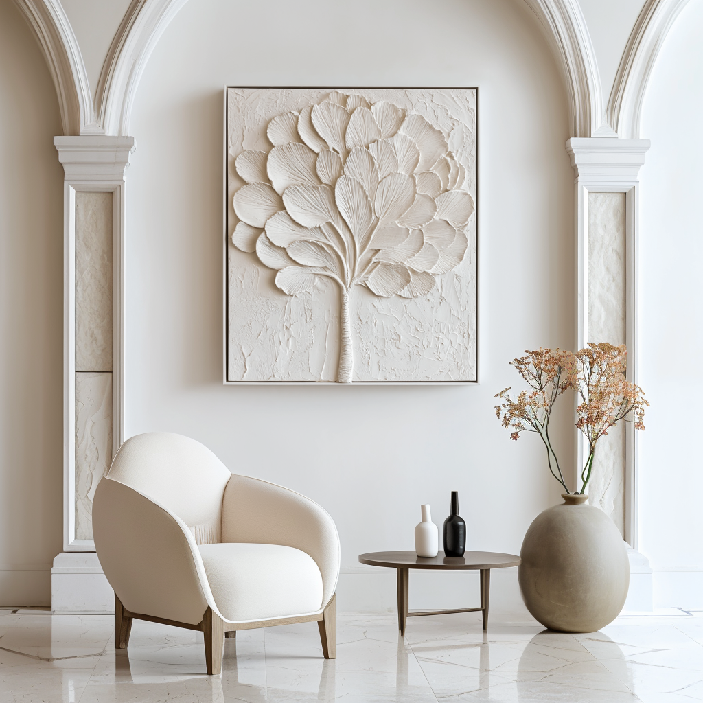 Abstract textured white tree art with sculpted leaves and branches in a minimalist design.