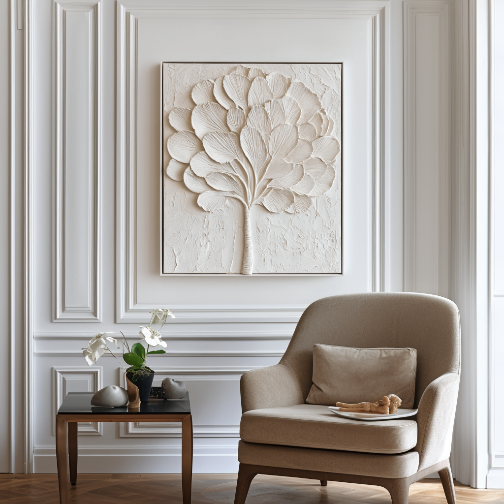 Abstract textured white tree art with sculpted leaves and branches in a minimalist design.